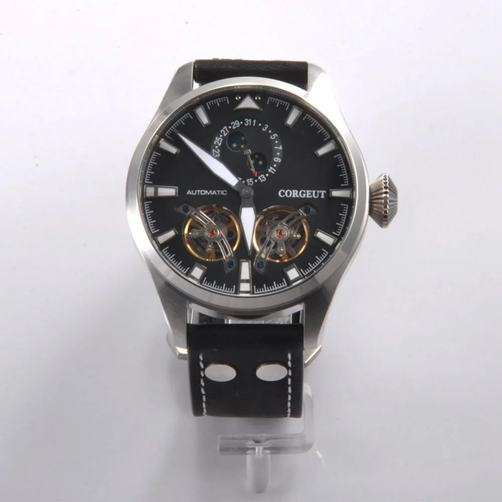 

47mm Sport Men's watch Corgeut Top Brand Luxury Black Leather strap Automatic Mechanical Watch Men flywheel luminous Clock
