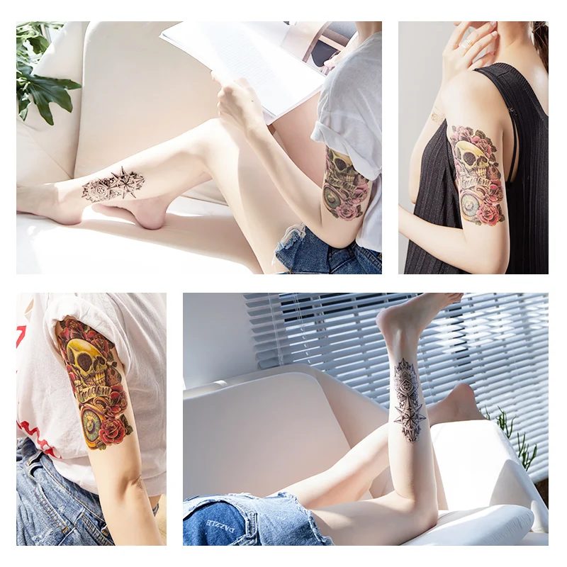 

Large Arm Sleeve Tattoo Family Time Waterproof Temporary Tattoo Sticker Rose Mechanical Clock Men Full Skull Tatoo Women