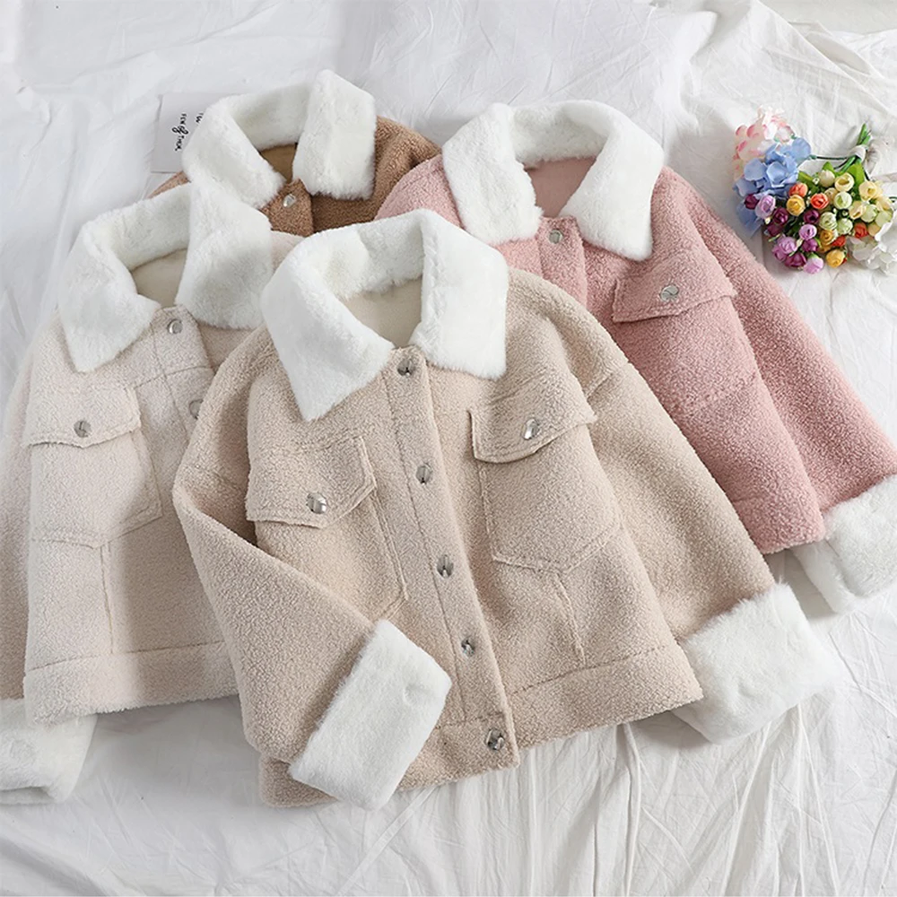 Женское короткое пальто из овечьей шерсти, корейское, новое, шикарное, Harajuku, винтажное, BF, простое, модное, одноцветное, воротник поло, повседневная, женская, плюшевая куртка