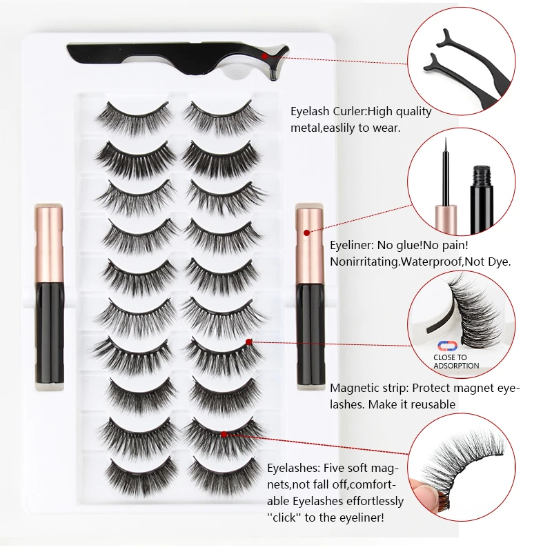 2/3/5/10 Pairs Magnetic Mink Eyelashes soft false eyelashes natural magnetic mink lashes liquid eyeliner tweezer sets makeup fake eyelashes