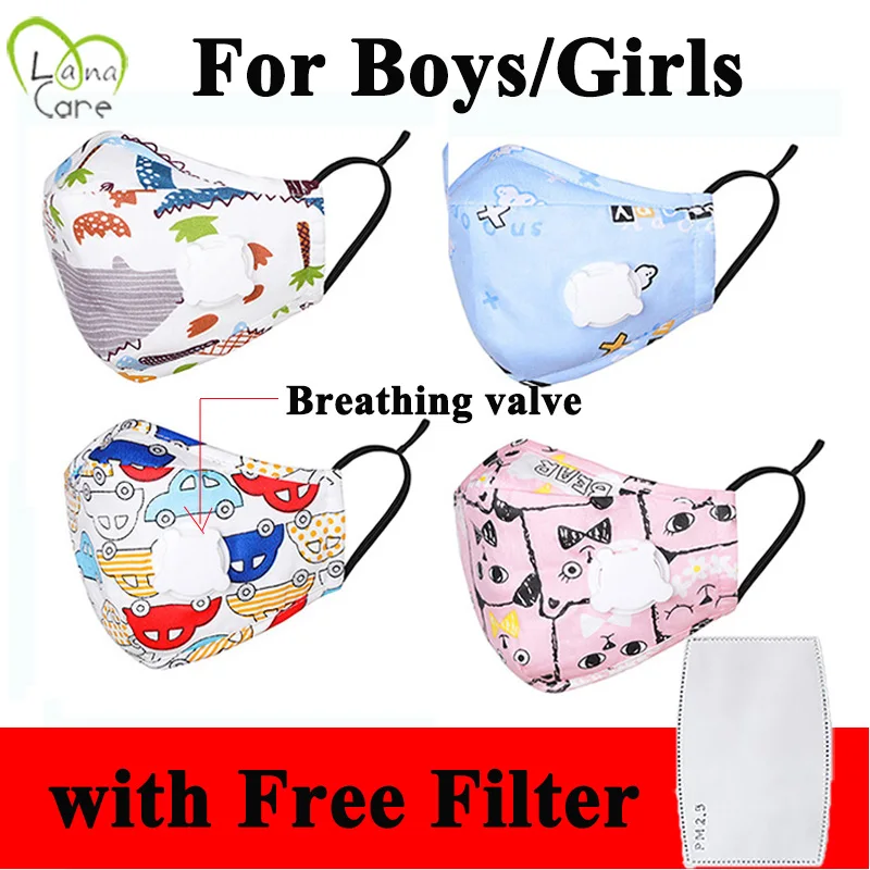 

4-12 Years Children Face Mask with PM2.5 Filter Pad Boys/Girls Reusable Cotton Mask with Breathable Valve Kids Mask