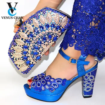 

Blue High Quality African Ladies Shoes and Bag to Match 2020 Autumn Special Design Low Heels Comfortable Sandals