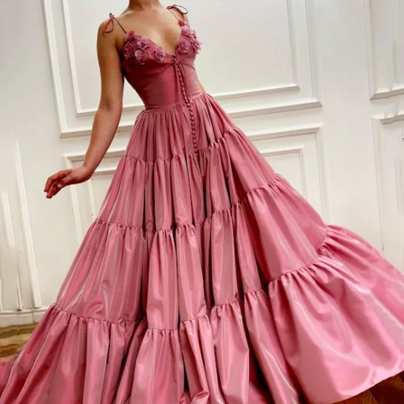 

BridalAffair Pink V-Neck Pleated A-Line Prom Dress Sexy Spaghetti Straps Backless Evening Dress Plus Size Party Gown with Flower