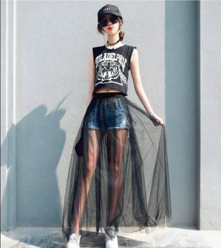 

Black gauze skirt women's summer perspective dress with transparent mesh skirt, high waist, medium length cover skirt and all ki