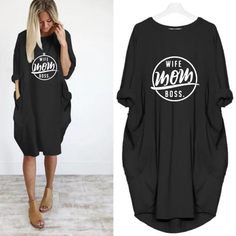 

New Fashion Loose Pockets Dresses Women Long Sleeve Oversized Dress Wife Mom Boss Printed Midi Dress Female Harajuku Streetwear
