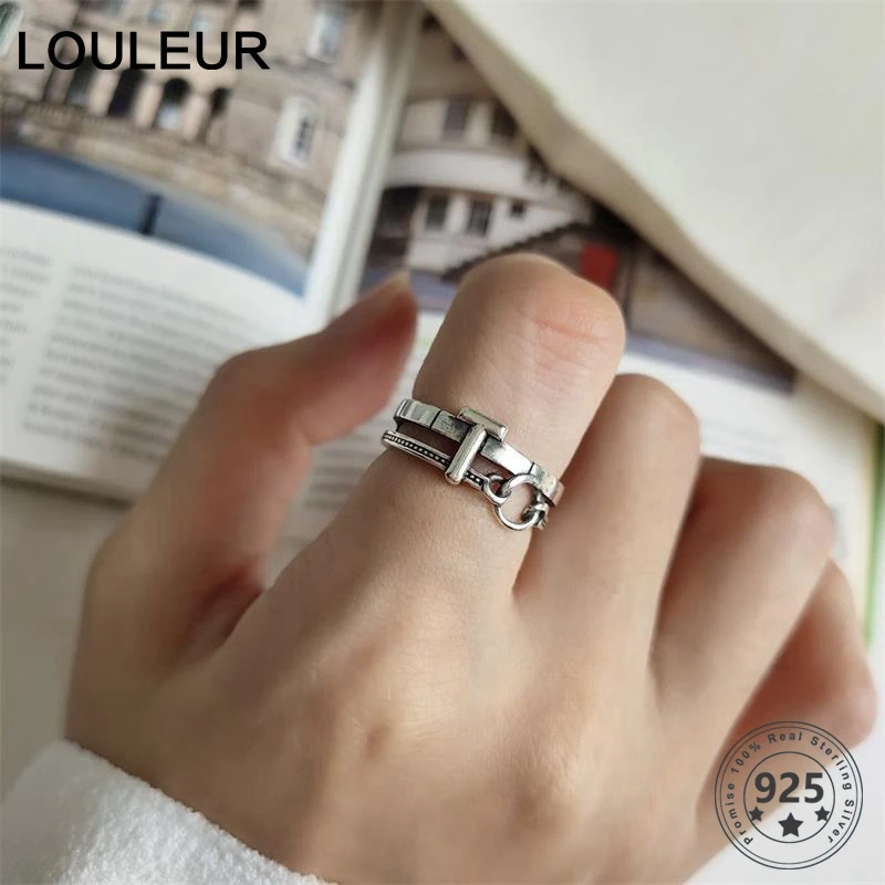 LouLeur, настоящее 925 пробы, серебряные кольца для женщин, буквы т, дизайн, Ретро стиль, регулируемое, Открытое кольцо, Трендовое, модное, женское, хорошее ювелирное изделие