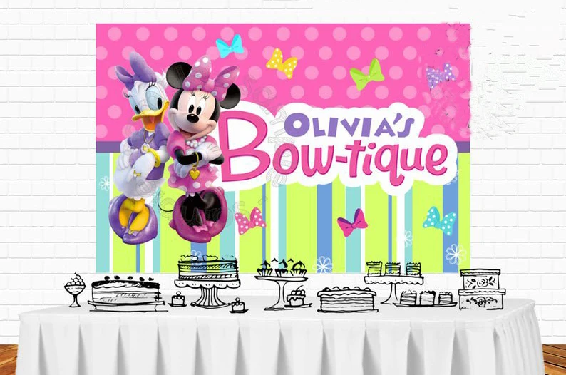 

Minnie Mouse Bowtique Banner,Bow butterfly background Computer print children kids baby shower backdrop
