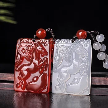 

Natural agate jade Carved Horse Pendant Chinese Necklace Charm Jewellery Fashion Amulet Luck Gifts for man Women sweater chain