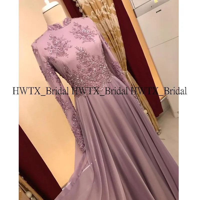 HWTX_Bridal платья с длинным рукавом для выпускного вечера заказное вечернее платье с аппликацией из бисера и высоким воротом