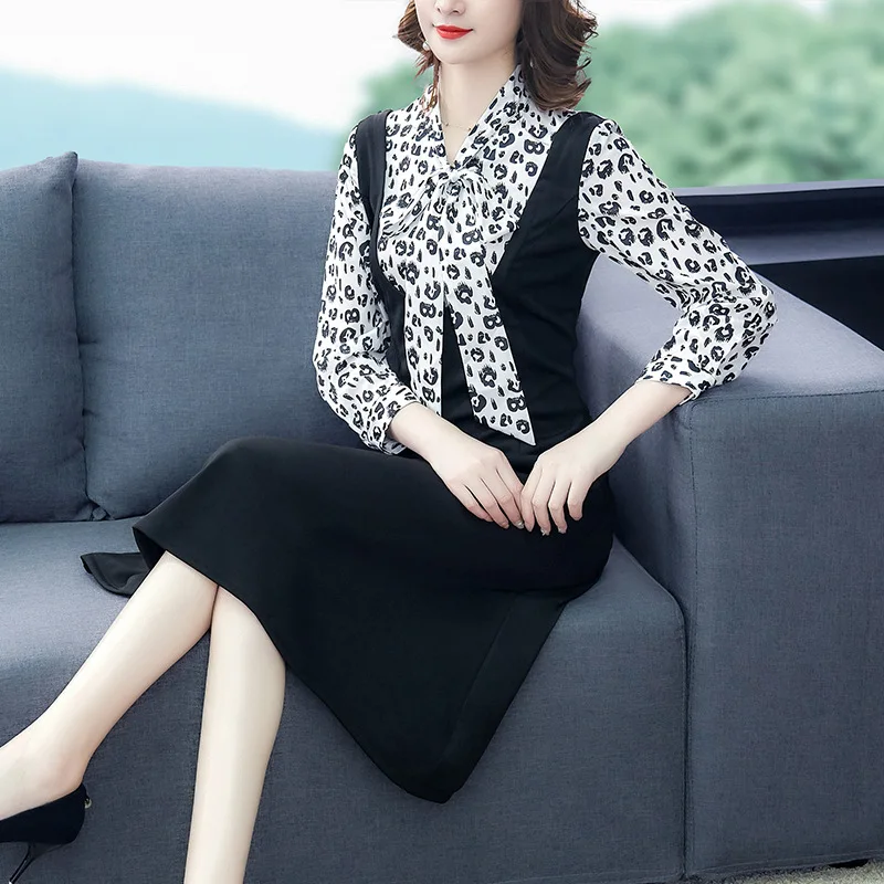 

Leopord Pattern Floral Printed Dress Autumn 2019 New Style Western Style Goddess-Style by Age Joint Waist Hugging A- line Skirt