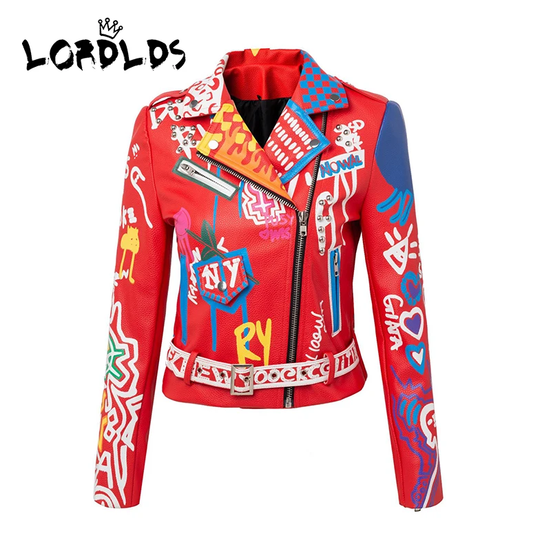 LORDLDS Red Leather Jacket Women Graffiti Colorful Print Moto Biker Jackets and Coats PUNK Streetwear Ladies Clothes | Женская одежда