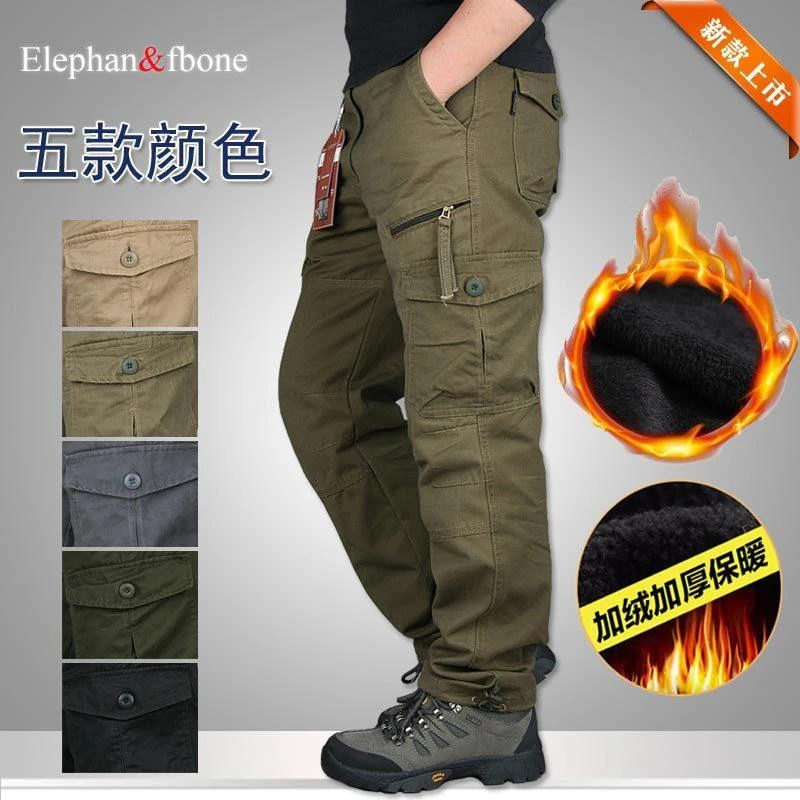 Men's casual trousers winter warm overalls wear-resistant work trousers loose, straight and multi-pocket military trousers slim fit cargo pants