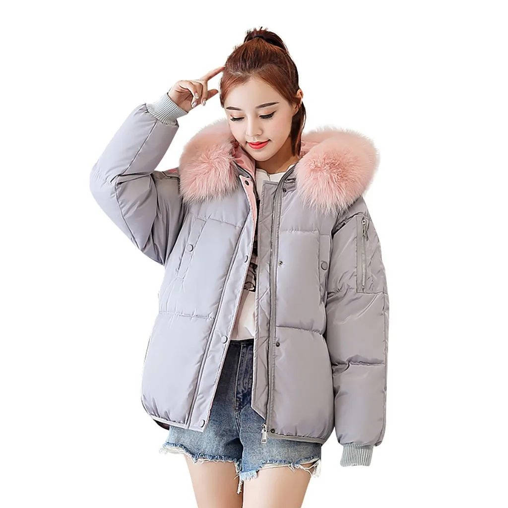 Женская зимняя короткая куртка с длинным рукавом, с капюшоном, на молнии, парки, пальто, женская Свободная парка с меховым воротником, куртки с хлопковой подкладкой#927 - Цвет: GY
