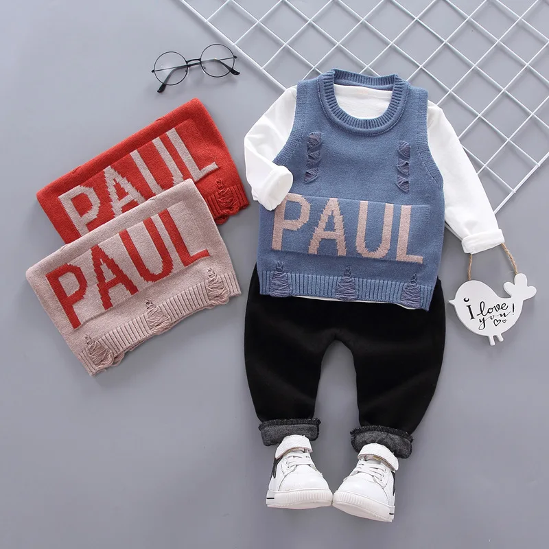

2019 Autumn Clothing New Style Children Baby with Holes English Lettered Vest Waistcoat CHILDREN'S Three-piece Suit