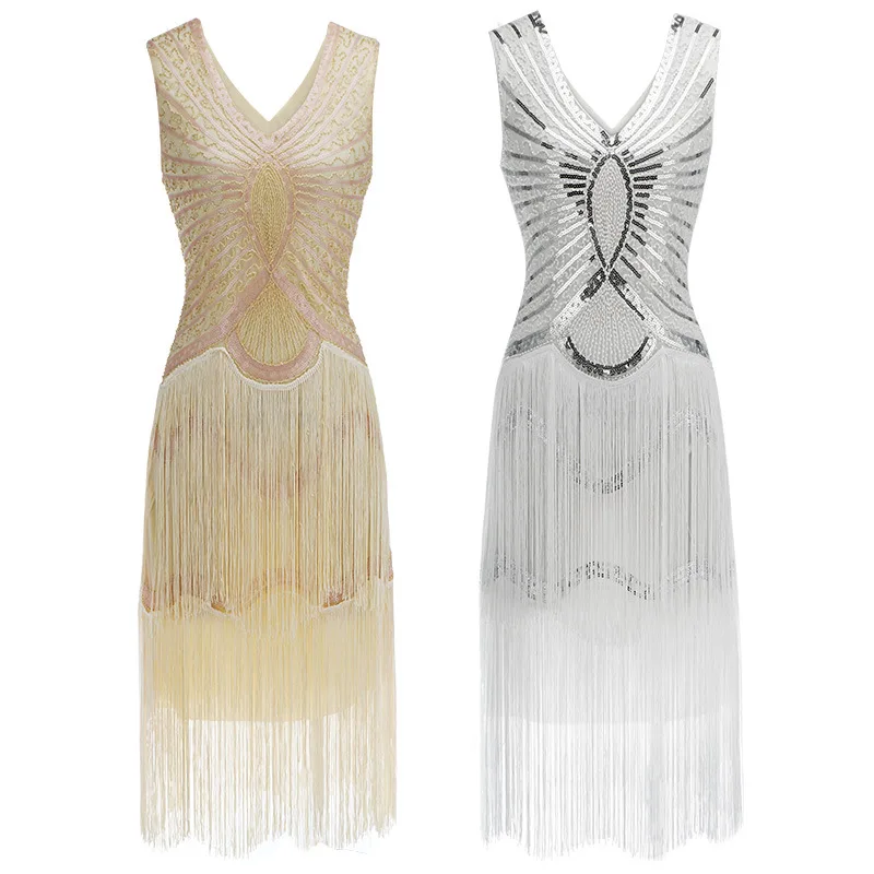 

1920s Gatsby Charleston Sequin White Bead Fringe Flapper Dress Vestido Robe Double V-Neck Sleeveless Tiered Tassel Party Dress