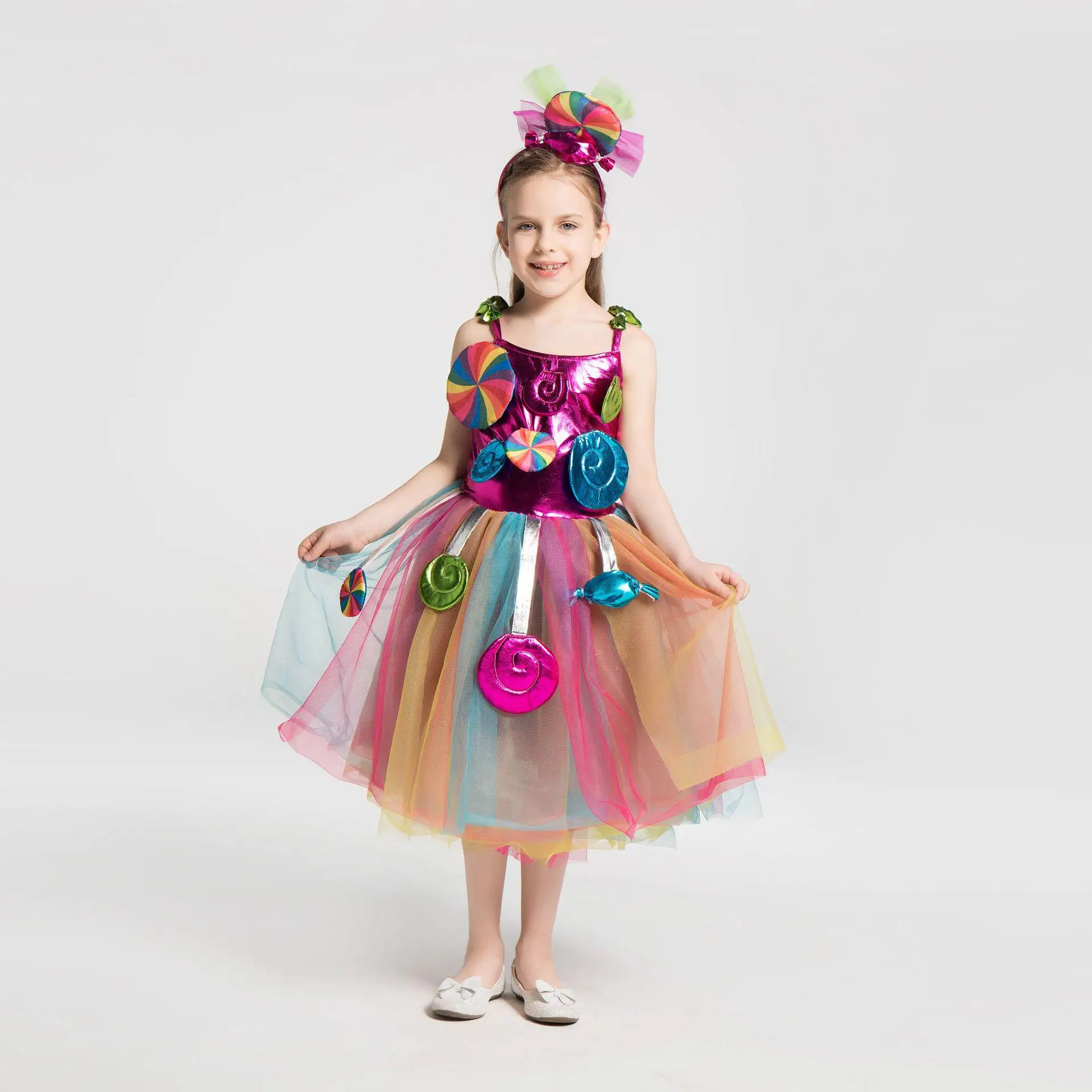 Радужное платье ярких цветов; милый костюм для девочек на карнавал; День рождения; леденец для детей; платье-пачка с цветочным узором и повязкой на голову; Милая нарядная одежда - Цвет: dress