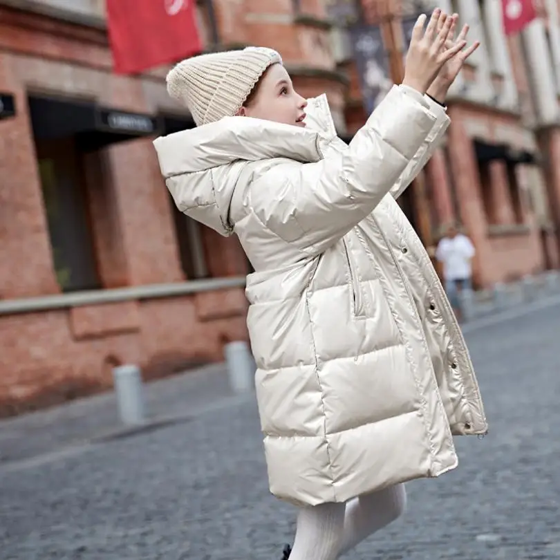 beige white Модное блестящее Брендовое пальто; плотная теплая парка с капюшоном; детская верхняя одежда больших размеров для девочек; детские зимние пуховики для девочек; Y2393 - Цвет: beige white