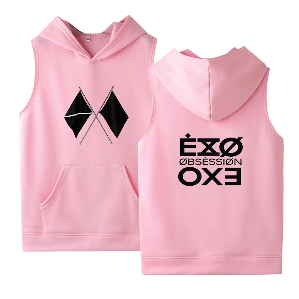 pink EXO альбом OBSESSION с капюшоном для мужчин и женщин без рукавов толстовки Толстовка Kpop флисовая уличная одежда унисекс пуловер Одежда - Цвет: pink