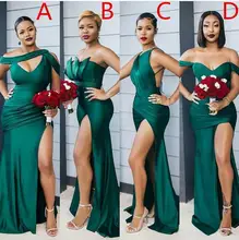 Green Satin African Sexy Bridesmaid Dresses Floor Length New Party Prom Dresses Split Front Wedding Guest Dress