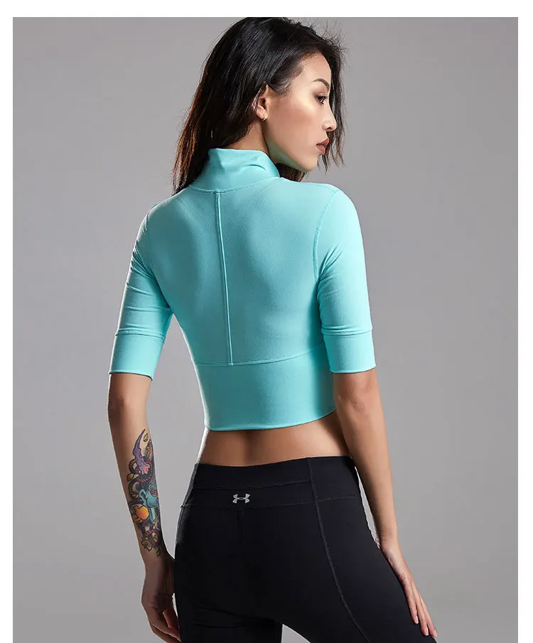 Новый сексуальный пупок средняя Футболка спортивная эластичная облегающая Фитнес Одежда Беговая быстросохнущая молния женские рубашки