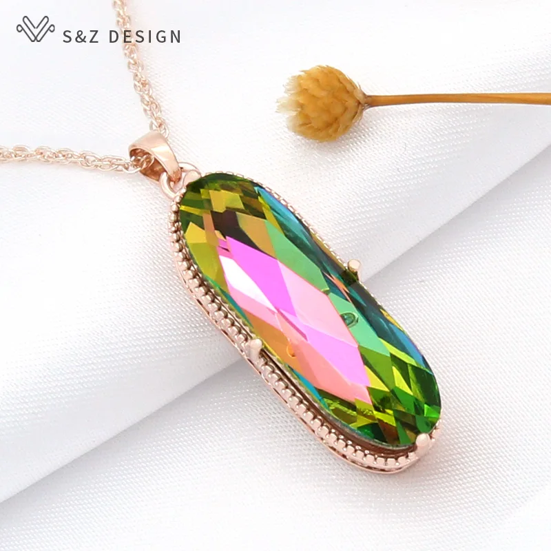 S&Z DESIGN New Vintage Large Oval Crystal Pendant 585 Rose Gold Color Necklace For Women Girls Wedding Jewelry Gift