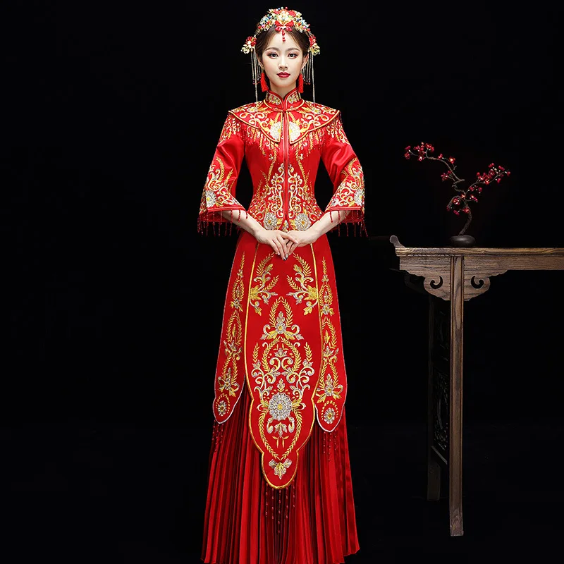 Китайское традиционное платье красное свадебное Ципао Cheongsam атласное винтажное восточное платье длинное вечернее платье женское китайский Халат