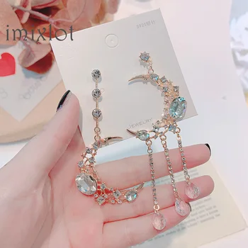 

New Korean Shining Crystal Moon Asymmetric Pendant Earring Elegant for Women Fashion Earring Jewelry Accessories Gift