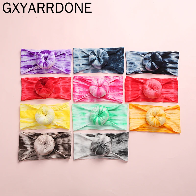 

20pc/lot 2020 New Tie Dye Prints Round Knot Nylon Baby Headwraps Tie Dye Rainbow Color Girls Donuts Turban Bun Headband Headwear