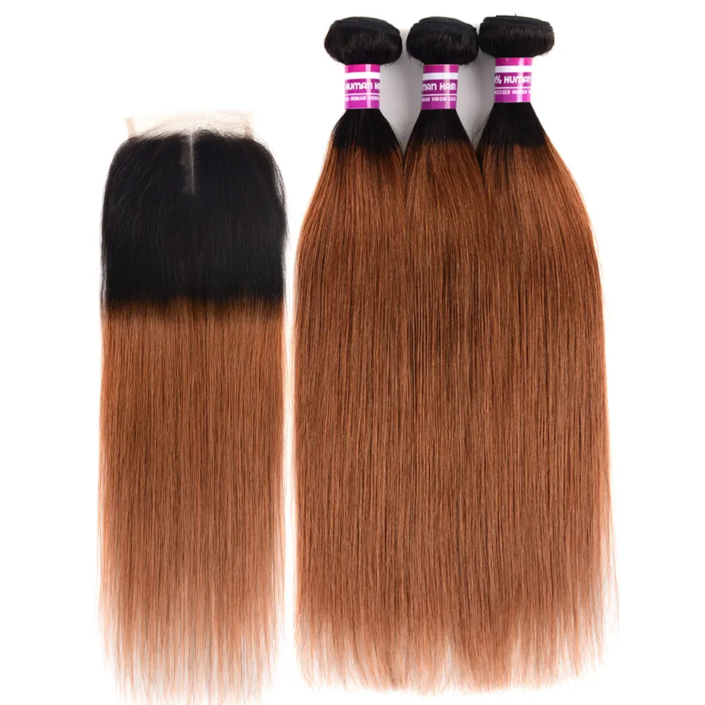 

Colored Roots T1b 30 Ombre Straight Hair Bundles With Closure Remy Human Hair Extension 3/4 Peruvian Hair Bundles With Closure