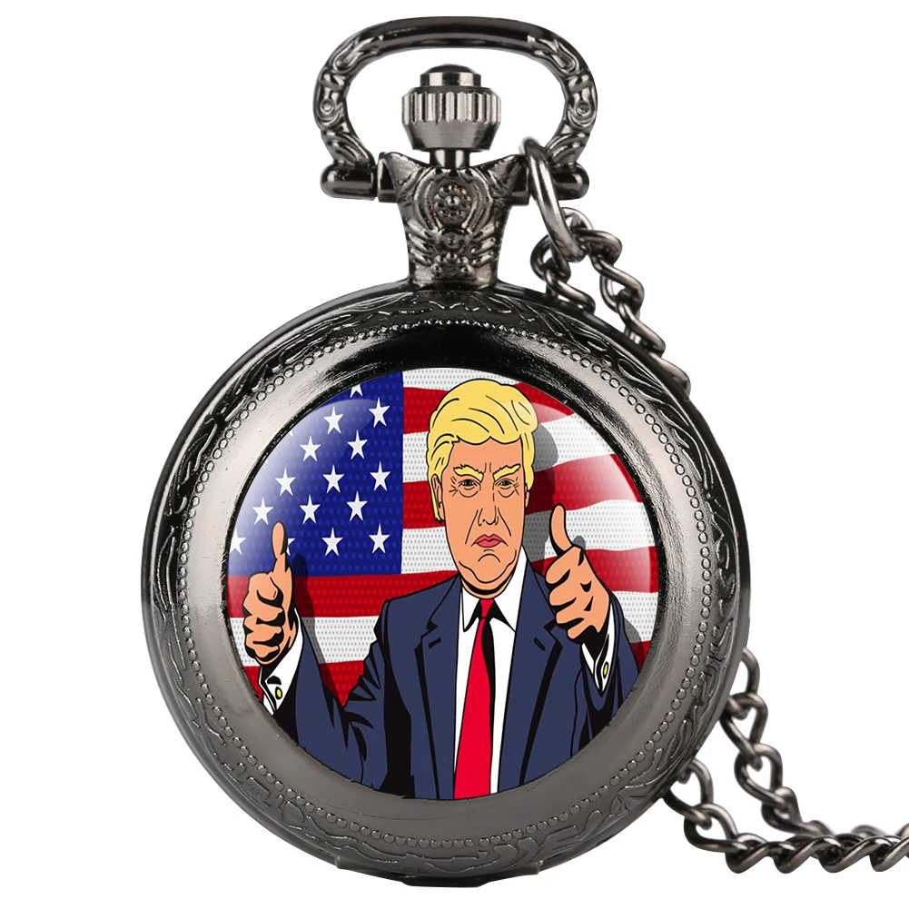 Трамп президент тема карманные часы кварцевые флаги США с Трампом ожерелье цепь кулон часы подарок для поклонников унисекс Relgio - Цвет: Black3