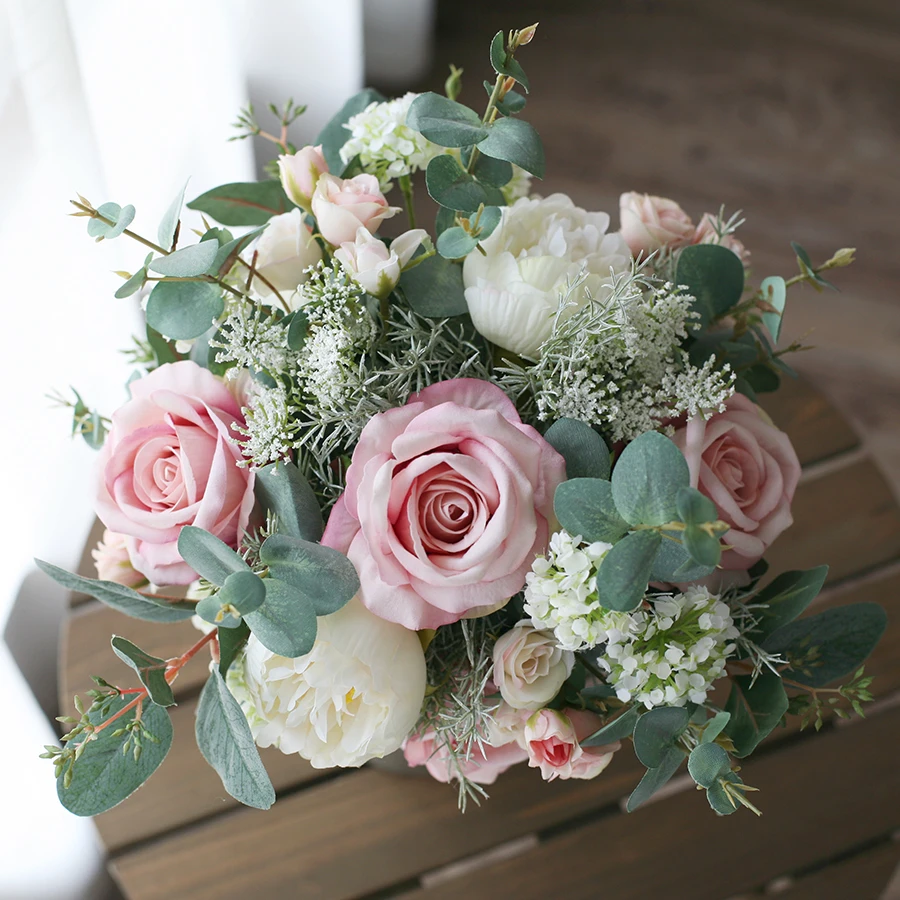 JaneVini элегантные розовые цветы свадебный букет Искусственные Шелковые Розы Летние свадебные поддельные Букеты Свадебные аксессуары Boque Noiva