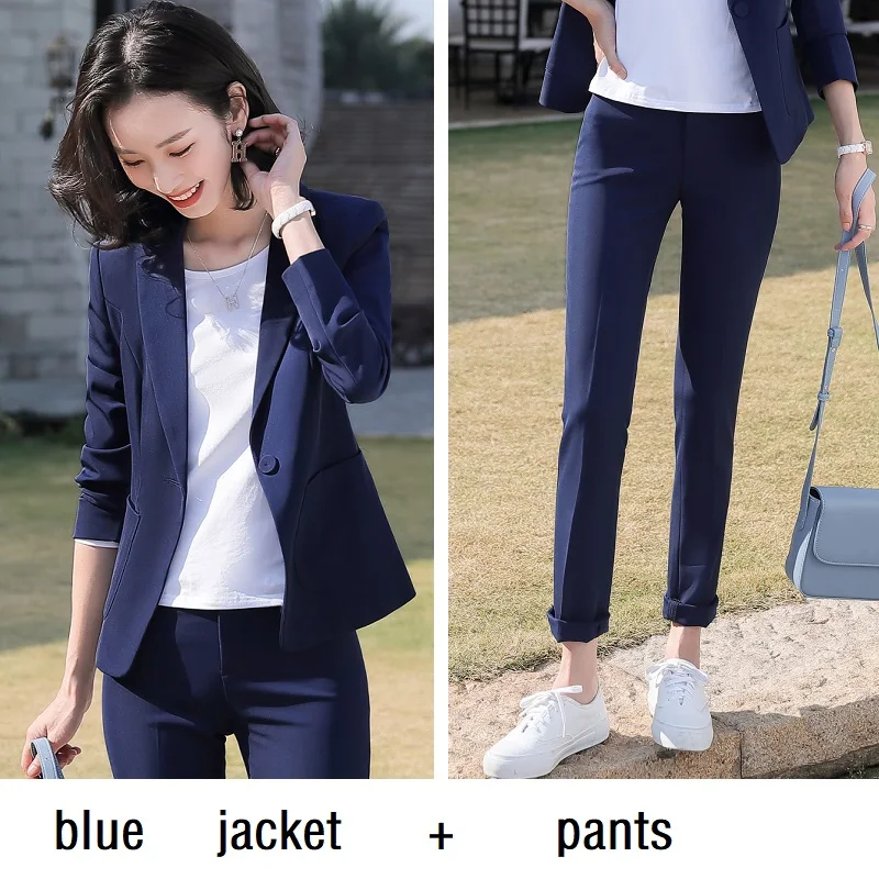 blue jacket pants Женские костюмы, тонкие, весна-осень, одноцветные, блейзеры, куртки, штаны, 2 шт, набор, OL, формальные, женские, брючные костюмы, женские костюмы, 6871 - Цвет: blue jacket pants