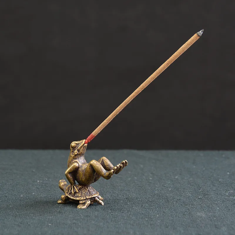 Copper Frog Turtle Incense Burner Antique Brass Animal Figurines Incense Stick Holder Base Tea Pet Home Decor Teahouse Ornament