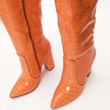 Orange Croc Muster Stiefel Zipper Spitz Platz High Heel Runway Kleid Frauen Stiefel Kniehohe 2021 Winter Herbst Neueste boot