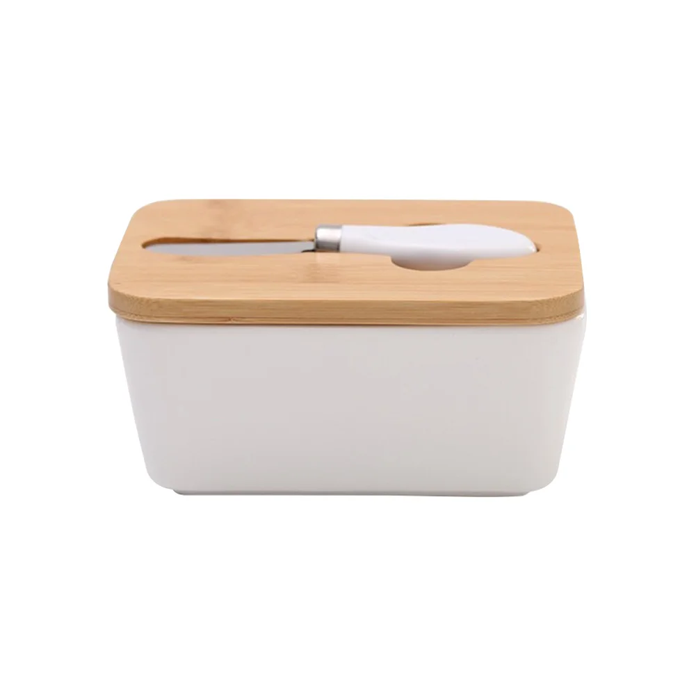 

With Wood Lid Storage Tray Dish Nordic Style Food Container Sealing Tool Butter Box Plate Cheese Ceramic Keeper Kitchen