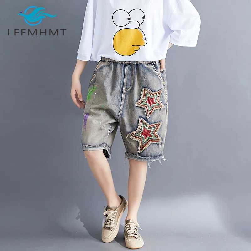Women Summer Fashion Korea Style Vintage Frayed Pentagram Embroidery Patchwork Denim Jeans Shorts Female Casual Loose Hole Short
