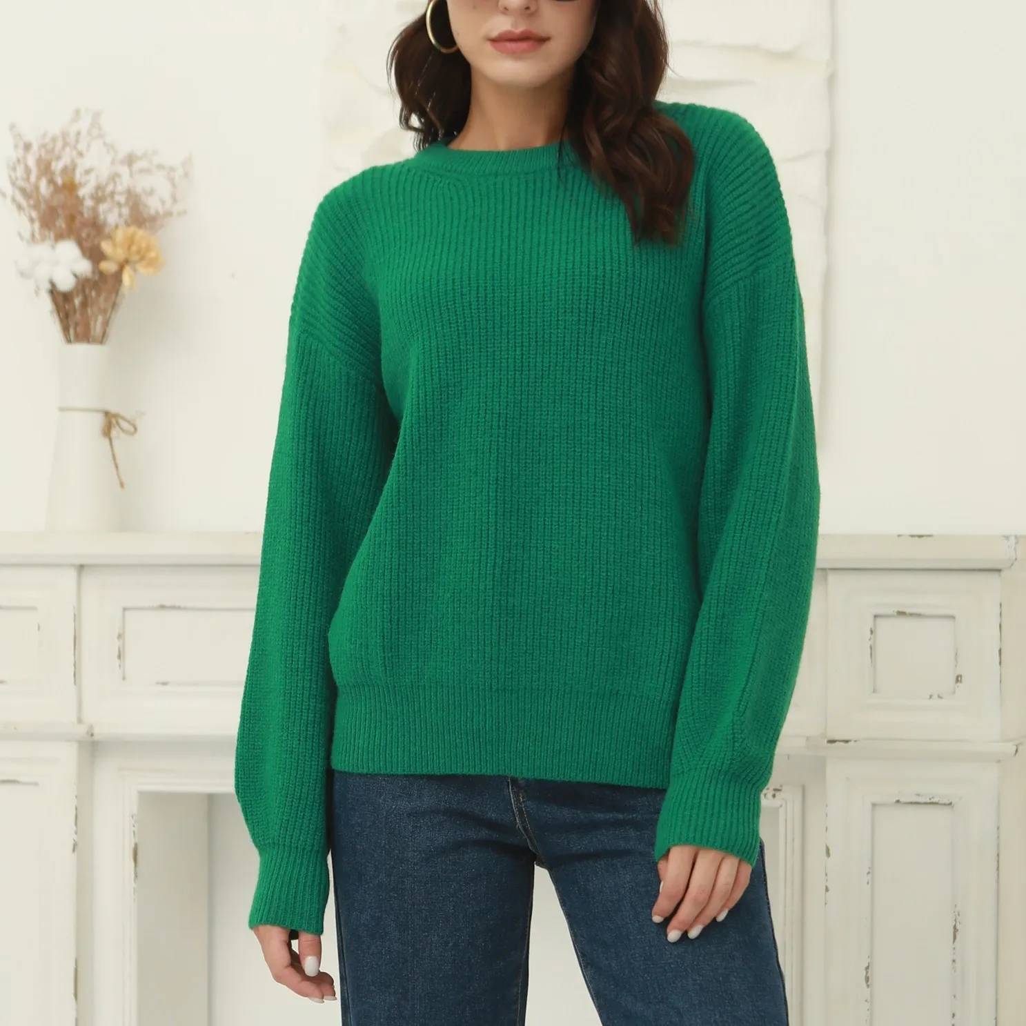 

ZHISILAO Autumn Winter Thick Pullover Sweater Pullover Women Long Sleeve O-neck Oversize Basic Chic Knit Sweater Top Green