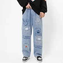 

Cartoon Embroidery Washed Jeans Men Fashion Brand Loose Multi Pockets Straight Long Pants Casual Drawstring Tie Feet Trousers