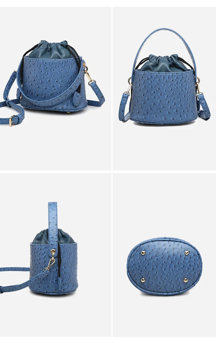 Fashion Blue Ostrich Leather Bucket Bags For Women Small Shoulder Messenger Bag Sexy Snake Cute Tote Purse