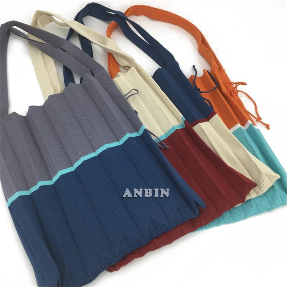 Women's Folding Pleat Shoulder Handbag Design Contrast Woolen Knitted Fabric Organ Bag Female Three Color Stitching Shopper Tote