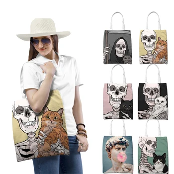 

Skull Cute Cat Cartoon Printing Women Vintage Casual Shoulder Bag Fashion New Large Tote Handbag Folding Female Shopping Bag