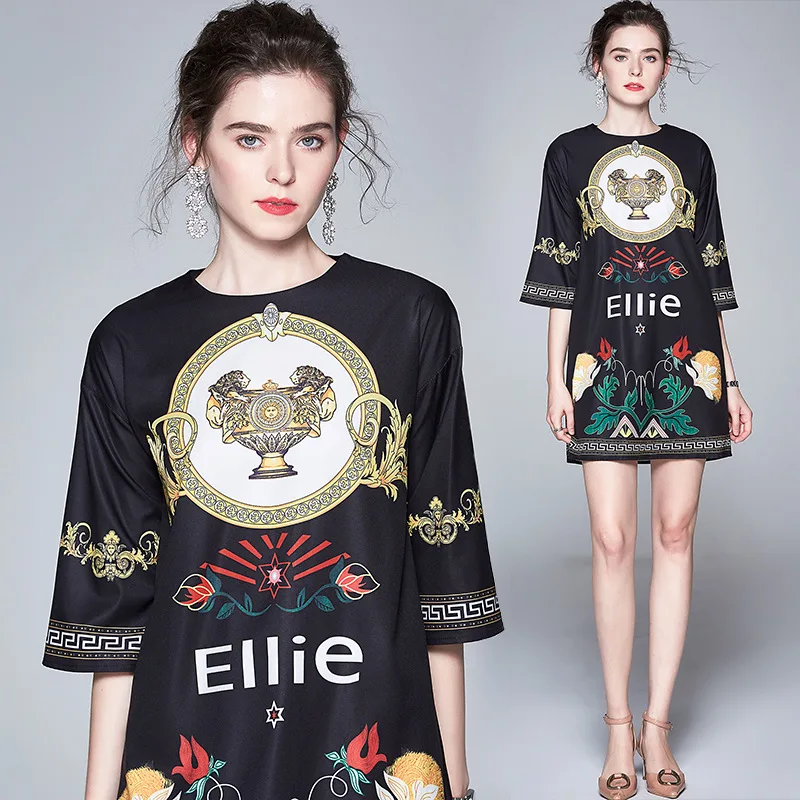 

1315 Europe And America WOMEN'S Dress Early Autumn New Style Trendy Letters Printed Loose-Fit Casual Dress Fashion