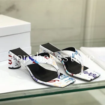 

Shoes Woman 2020 Slippers Women Summer Square heel Heeled Mules Luxury Slides Flip Flops Soft Block Heels