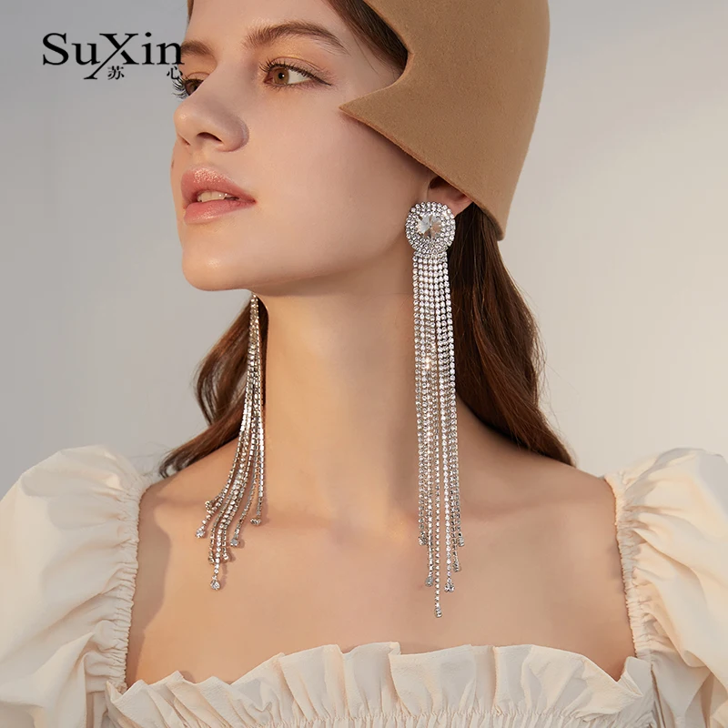 Серьги SuXin темпераментные искусственные хрустальные серьги для женщин длинные
