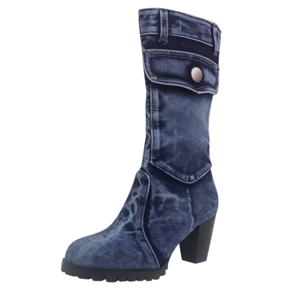 Новые женские ботинки зимние женские однотонные ботинки в римском стиле на среднем массивном каблуке без застежки, большие размеры Модные женские ботинки - Цвет: Blue