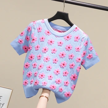 

/ summer 2020 new color contrast jacquard whole piece love little safflower bubble sleeve slim short T-Shirt Top woman