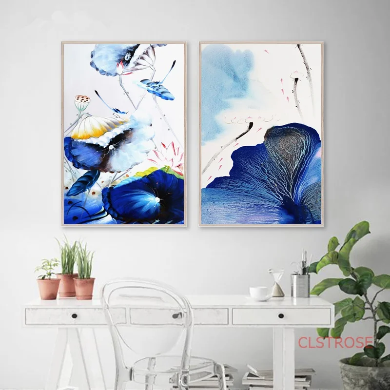 New Chinese Blue Ink Lotus Flower Bird Painting Modular Canvas Art Wall Pictures For Living Room Modern Home Decoration No Frame | Дом и сад