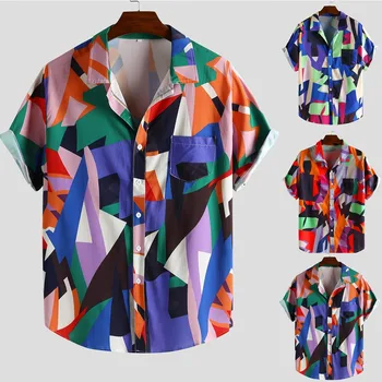 

HOT Mens Patchwork Hit Color Printed Turn Down Color Short Sleeve Casual Shirts blouses and tops High quality office blouse