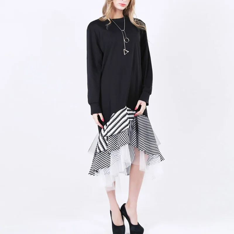 

2019 Long Sleeve Autumn Women Midi Dress Patchwork Stripe Mesh Ruffle Flare Asymmetrical Hem Elegant Office Lady Pullover Dress