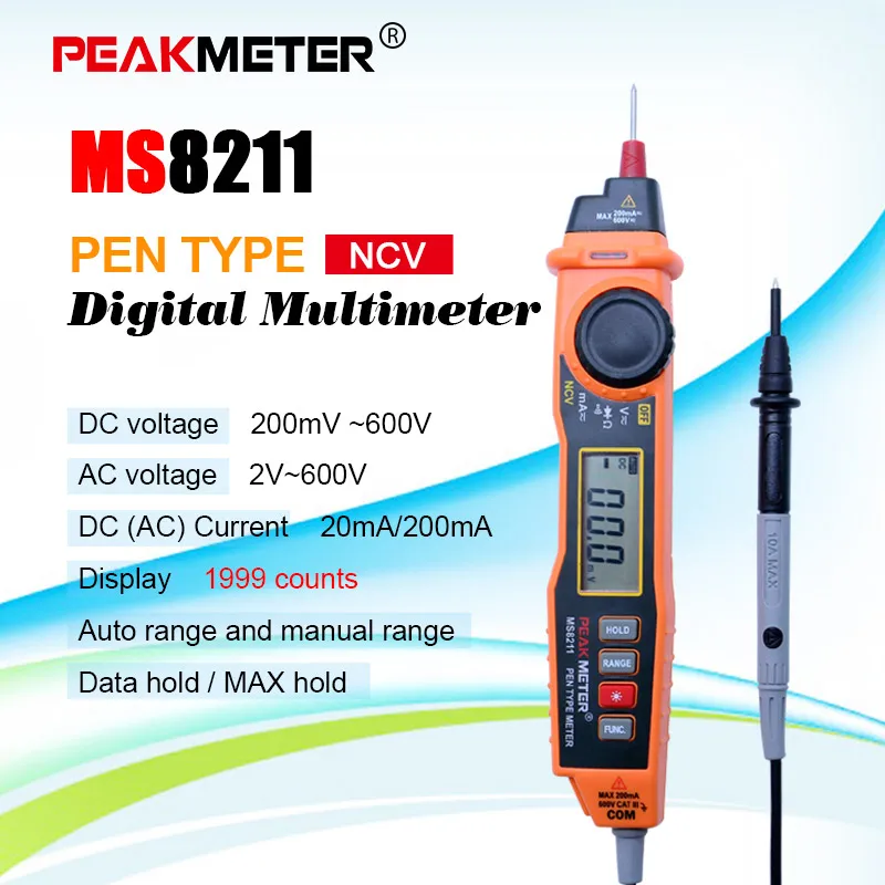 2000 отсчетов Ручка Тип Цифровой мультиметр с бесконтактным PEAKMETER MS8211 детектор переменного напряжения Тестовый зажим DC/AC 600 В DC/AC 200 мА